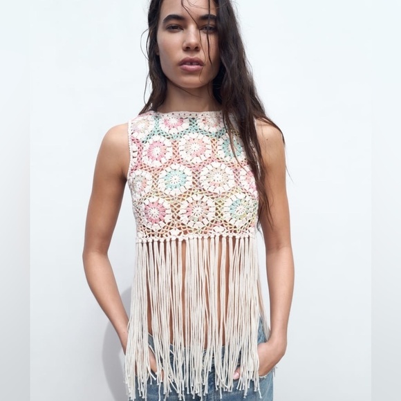 Zara Fringed Crochet Knit Vest Tank - Picture 1 of 8
